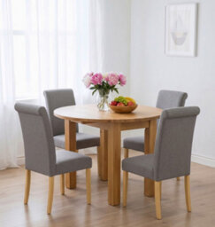 Hallowood Furniture Waverly Drop Leaf Round Table With 4 Roll Top Linen Fabric Dining Chairs (Grey) - thumbnail 1