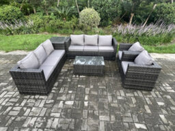 Fimous 8 Seater Outdoor Lounge Sofa Set Wicker Pe Rattan Garden Furniture Set With 2 Armchair Oblong Coffee Table Side Table - thumbnail 1