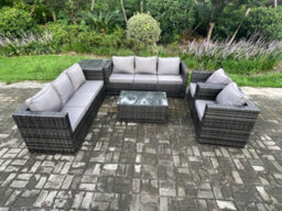 Fimous 8 Seater Outdoor Lounge Sofa Set Wicker Pe Rattan Garden Furniture Set With 2 Armchair Oblong Coffee Table Side Table - thumbnail 2