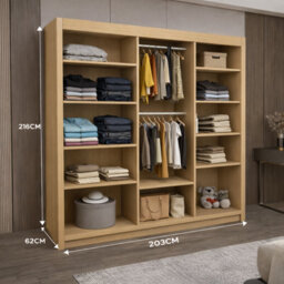 Ie Oslo Wardrobe With Rails & Shelves Sliding Door Wardrobe ( Oak, 203 Cm ) - thumbnail 3