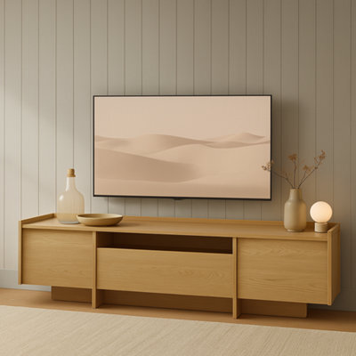 Impact Furniture Tv Cabinet Unit Extra Large 200Cm Wide Stand For Up To 80 Inch Tv Storage Doors Washed Light Oak Modern Japandi - image 1