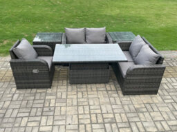 Fimous 5 Seater Rattan Furniture Garden Dining Set Outdoor Height Adjustable Rising Lifting Table Love Sofa Chair - thumbnail 1