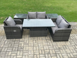 Fimous 5 Seater Rattan Furniture Garden Dining Set Outdoor Height Adjustable Rising Lifting Table Love Sofa Chair - thumbnail 2