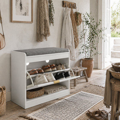 Wyld Haus Baniri White Shoe Storage Bench With Grey Padded Seat And Flip Drawer - L60 X D26 X H52.5Cm - image 1