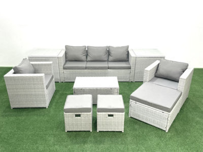 Fimous Rattan Garden Outdoor Furniture Sofa Set Rectangular Coffee Table 2 Chairs 3 Stools 2 Side Tables Light Grey - image 1