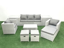 Fimous Rattan Garden Outdoor Furniture Sofa Set Rectangular Coffee Table 2 Chairs 3 Stools 2 Side Tables Light Grey - thumbnail 1