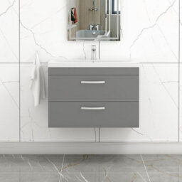 Royal Bathrooms Turin Indigo Grey Gloss 800mm Wall Hung Vanity Unit 2 Drawer With Mid-Edge Basin Sink