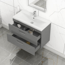 Royal Bathrooms Turin Indigo Grey Gloss 800mm Wall Hung Vanity Unit 2 Drawer With Mid-Edge Basin Sink - thumbnail 5