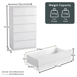 White Modern Gloss 5 Drawer Chest Of Drawers Storage Tall Cabinet Bedroom Furniture - thumbnail 2