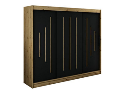 Arte Leto Y Contemporary 3 Sliding Door Wardrobe 9 Shelves 2 Rails Black Matt And Oak Effect (H)2000mm (W)2500mm (D)620mm - image 1