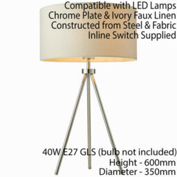 Modern Tripod Table Lamp Chrome & Ivory Shade Slim Metal Leg Bedside Desk Light - thumbnail 2