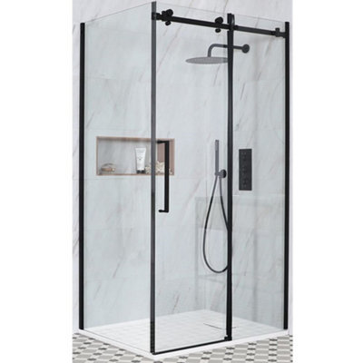 Homestylestore Black Reversible Corner Frameless Sliding Door Shower Enclosure With White Slate Effect Tray 1000 X 800mm - image 1