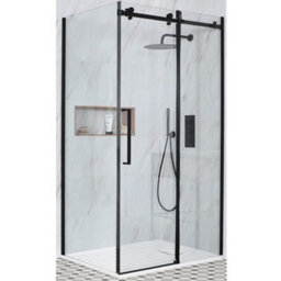 Homestylestore Black Reversible Corner Frameless Sliding Door Shower Enclosure With White Slate Effect Tray 1000 X 800mm - thumbnail 1