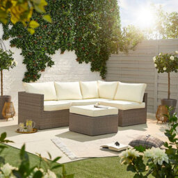 MMT Funiture Designs mmt Rattan Grey Garden Furniture L-Shaped Corner Sofa & Set - 4 Seater Plus Coffee Table/extra Stool - Cream Cushions - thumbnail 2