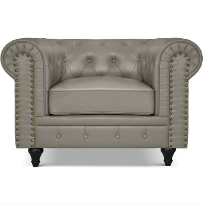 Bravich 1-Seater Chesterfield Arm Chair - Creamy Grey Faux Leather With Gold Studs, Removable Cushions & Wooden Feet - image 1