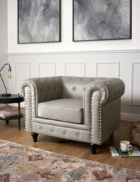 Bravich 1-Seater Chesterfield Arm Chair - Creamy Grey Faux Leather With Gold Studs, Removable Cushions & Wooden Feet - thumbnail 2
