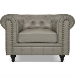 Bravich 1-Seater Chesterfield Arm Chair - Creamy Grey Faux Leather With Gold Studs, Removable Cushions & Wooden Feet