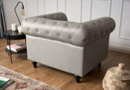 Bravich 1-Seater Chesterfield Arm Chair - Creamy Grey Faux Leather With Gold Studs, Removable Cushions & Wooden Feet - thumbnail 9