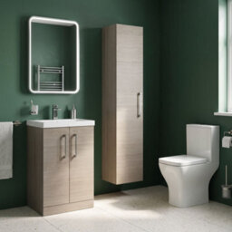 Balterley Bramshall Modern Bathroom 1 Soft Close Door Wall Hung Tall Storage Unit, Solace Oak With Handle, 300 mm - thumbnail 2