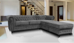 Chesterfield Style Corner Sofa Venus Grey Fabric Right Hand Corner With Footstool - thumbnail 1