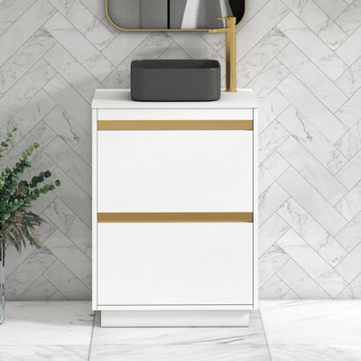 Royal Bathrooms Orion 600mm Matt White Floor Standing Plain White Countertop Vanity Unit 2 Drawer, Art Square Basin & Brushed Brass Accent Trim - image 1
