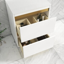 Royal Bathrooms Orion 600mm Matt White Floor Standing Plain White Countertop Vanity Unit 2 Drawer, Art Square Basin & Brushed Brass Accent Trim - thumbnail 4