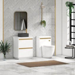 Royal Bathrooms Orion 600mm Matt White Floor Standing Plain White Countertop Vanity Unit 2 Drawer, Art Square Basin & Brushed Brass Accent Trim - thumbnail 3