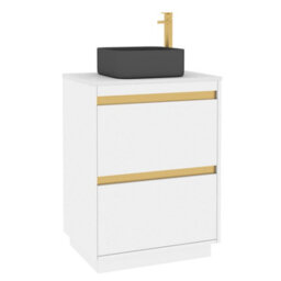 Royal Bathrooms Orion 600mm Matt White Floor Standing Plain White Countertop Vanity Unit 2 Drawer, Art Square Basin & Brushed Brass Accent Trim - thumbnail 6