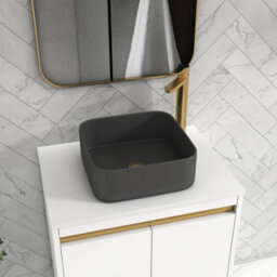 Royal Bathrooms Orion 600mm Matt White Floor Standing Plain White Countertop Vanity Unit 2 Drawer, Art Square Basin & Brushed Brass Accent Trim - thumbnail 5