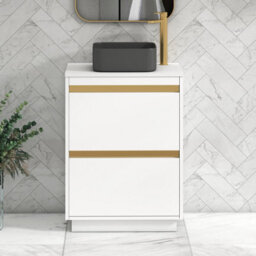Royal Bathrooms Orion 600mm Matt White Floor Standing Plain White Countertop Vanity Unit 2 Drawer, Art Square Basin & Brushed Brass Accent Trim - thumbnail 1