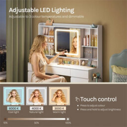 White Dressing Table With Led Lights Sliding Mirror 9 Drawers Vanity Makeup Desk - thumbnail 3