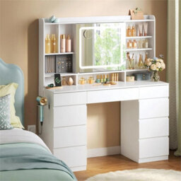 White Dressing Table With Led Lights Sliding Mirror 9 Drawers Vanity Makeup Desk - thumbnail 2
