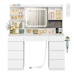 White Dressing Table With Led Lights Sliding Mirror 9 Drawers Vanity Makeup Desk