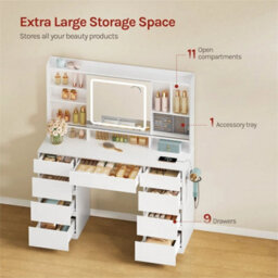 White Dressing Table With Led Lights Sliding Mirror 9 Drawers Vanity Makeup Desk - thumbnail 5