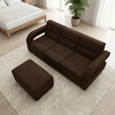 Upholstered Living Room Sofa Bed With Ottoman Foam Filling Wavy Springs Plastic Legs Wooden Frame Brown - image 1