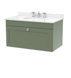 Balterley Swynnerton Traditional 1 Drawer Wall Hung Vanity Unit With Marble Basin, Satin Green, 800mm