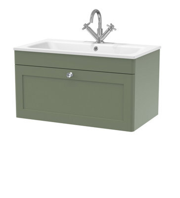 Balterley Swynnerton Traditional 1 Drawer Wall Hung Vanity Unit With Stone Basin, Satin Green, 800mm - image 1