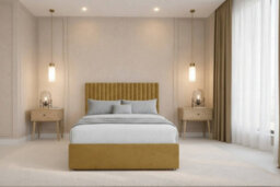 "Chester & Oakley Beds Chester & Oakley Lorenzo Mustard Plush Divan Bed Base No Drawers With 26"" Strutted Headboard 4'6 Double" - thumbnail 1