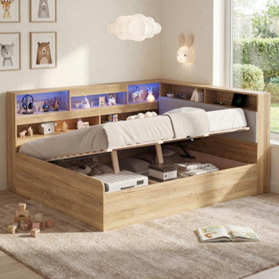 Modernluxe 4Ft6 Double Bed, 135X190 Cm, Daybed, Ottoman Bed, Wooden Bed, With Usb Charging Station & Led Lighting, Natural Color - image 1