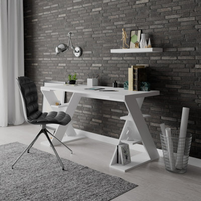 Decortie Papillon Desk With Bookshelf Storage Legs Modern Minimalist Workspace Desk White 137X75X60 Cm - image 1