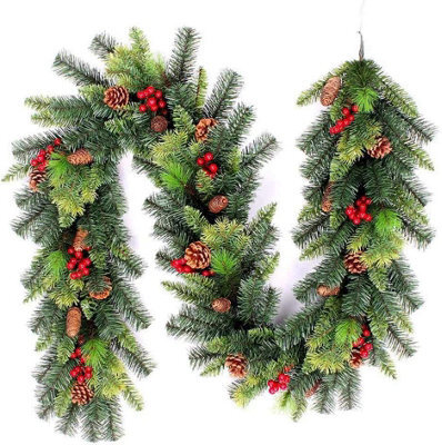 Shatchi 2M Lit Christmas Tree Garland Green Pre Berries And Pine Cones Two Colours Mixed Tips