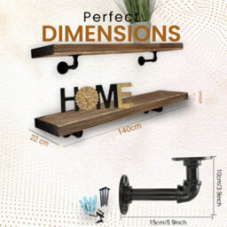 MKGT Industrial Pipe Bracket Wooden Floating Shelves, Rustic Wall Decor (Walnut, 140Cm) - thumbnail 2