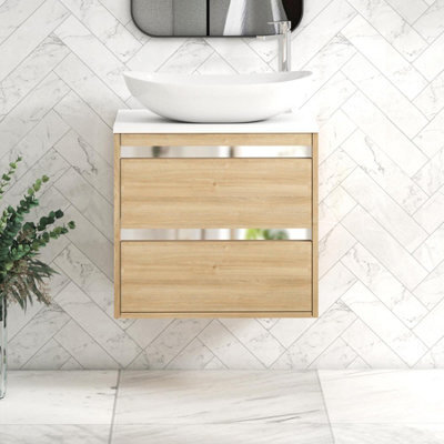 Royal Bathrooms Orion 600mm Natural Oak Wall Hung Plain White Countertop Vanity Unit 2 Drawer With Cesar Basin & Chrome Accent Trim - image 1