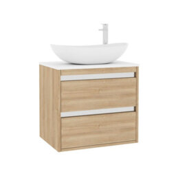 Royal Bathrooms Orion 600mm Natural Oak Wall Hung Plain White Countertop Vanity Unit 2 Drawer With Cesar Basin & Chrome Accent Trim - thumbnail 6