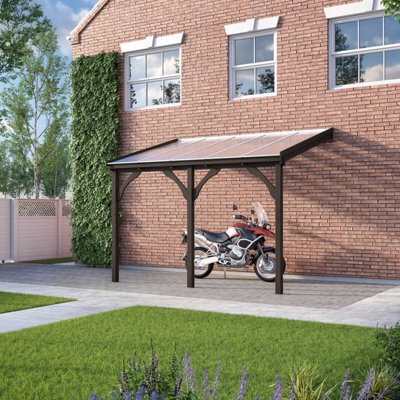 Polycarbonate Roof Car Port 3 Post - Wood - L300 X W650 Cm - Rustic Brown - image 1