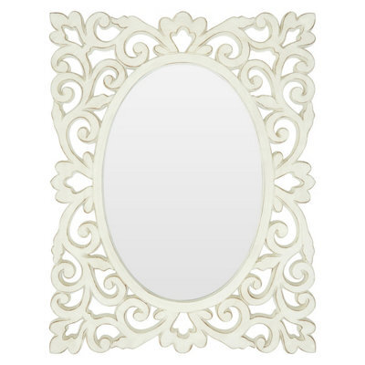 Orsina White Rococo Wall Mirror With Symmetrical Design,accent Mirror With Weathered Edges,oval Mirror For Bedroom - image 1