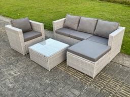 Fimous 5 Seat Light Grey Lounge Outdoor Pe Rattan Garden Furniture Set Wicker Sofa Set Square Coffee Table With Armchair - thumbnail 1