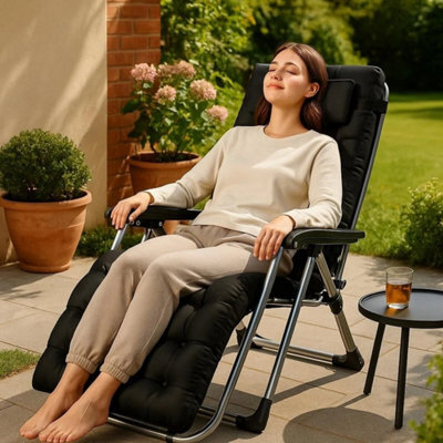 Black Chair Garden Zero Gravity Chair Recliner Outdoor Reclining Sun Lounger W/ Cushion - image 1