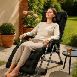 Black Chair Garden Zero Gravity Chair Recliner Outdoor Reclining Sun Lounger W/ Cushion - thumbnail 1