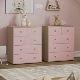 Lassic Junior Vida Neptune Pink & Oak 5 Drawer Chest Of Drawers Cabinet, Set Of 2